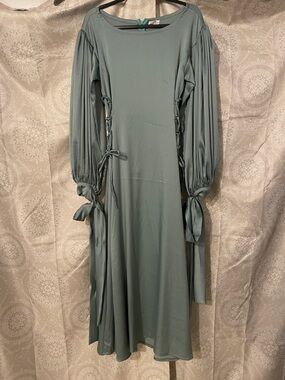 Sage Green Long Sleeve maxi Dress with side corset laces and bow sleeves